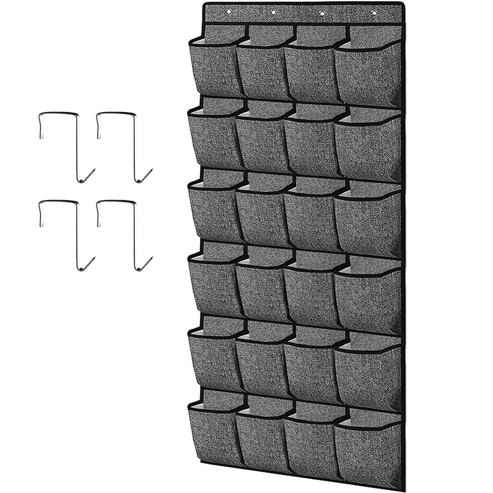 24 Pocket Over Door Shoe Organiser with Hooks – Grey Fabric Storage