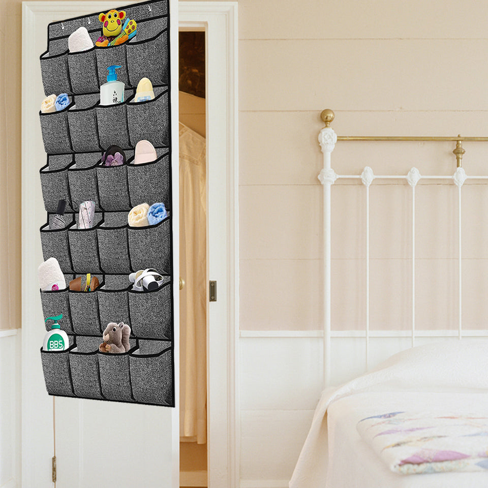 24 Pocket Over Door Shoe Organiser with Hooks – Grey Fabric Storage