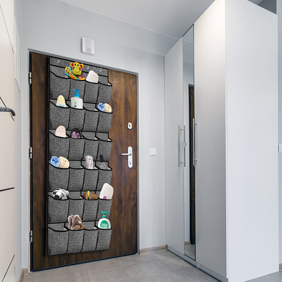 24 Pocket Over Door Shoe Organiser with Hooks – Grey Fabric Storage
