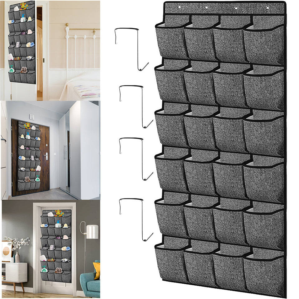 24 Pocket Over Door Shoe Organiser with Hooks – Grey Fabric Storage
