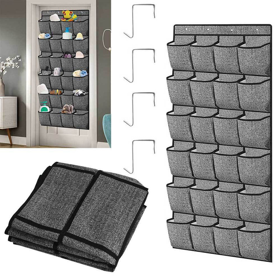 24 Pocket Over Door Shoe Organiser with Hooks – Grey Fabric Storage