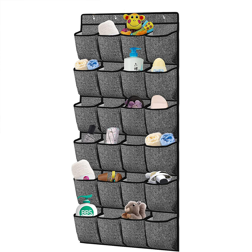 24 Pocket Over Door Shoe Organiser with Hooks – Grey Fabric Storage