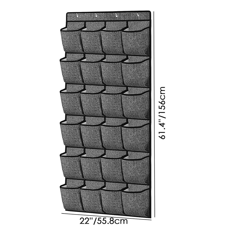 24 Pocket Over Door Shoe Organiser with Hooks – Grey Fabric Storage