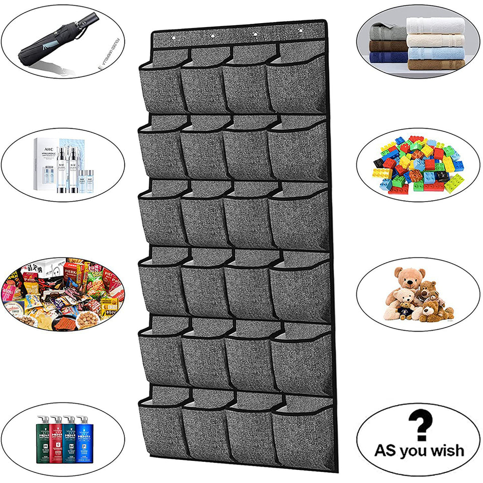 24 Pocket Over Door Shoe Organiser with Hooks – Grey Fabric Storage
