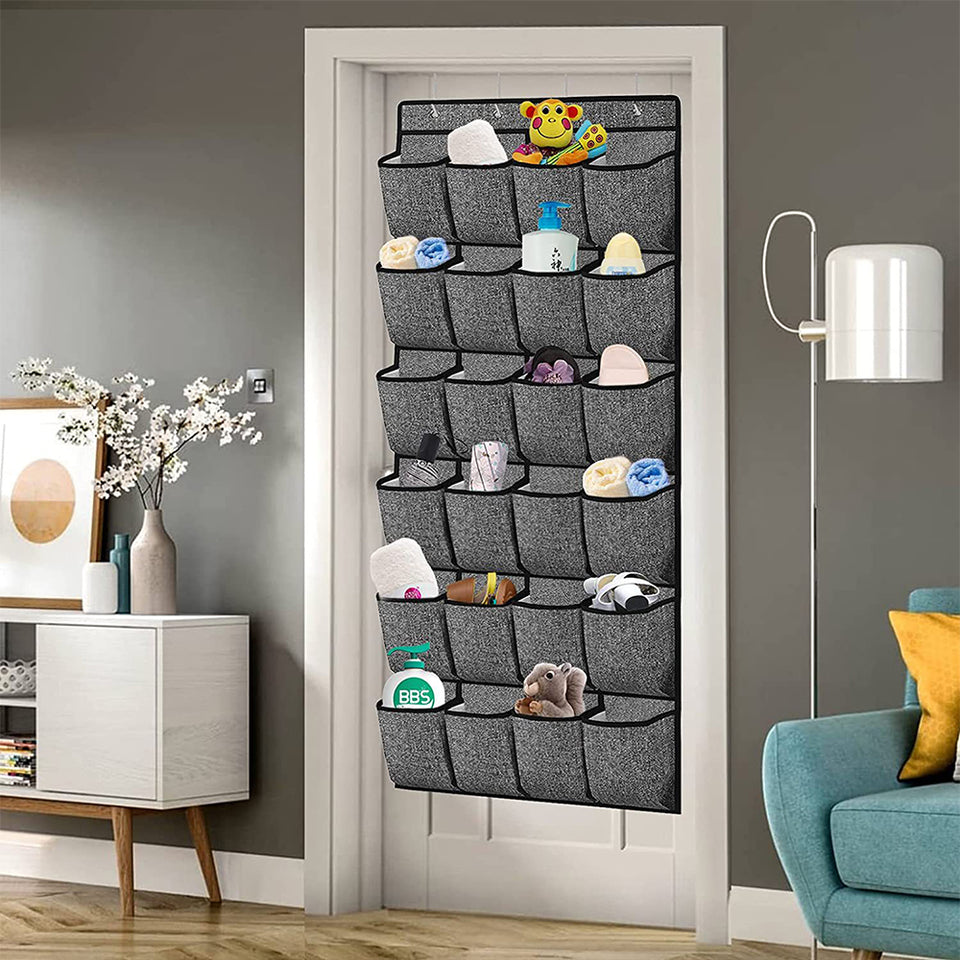 24 Pocket Over Door Shoe Organiser with Hooks – Grey Fabric Storage