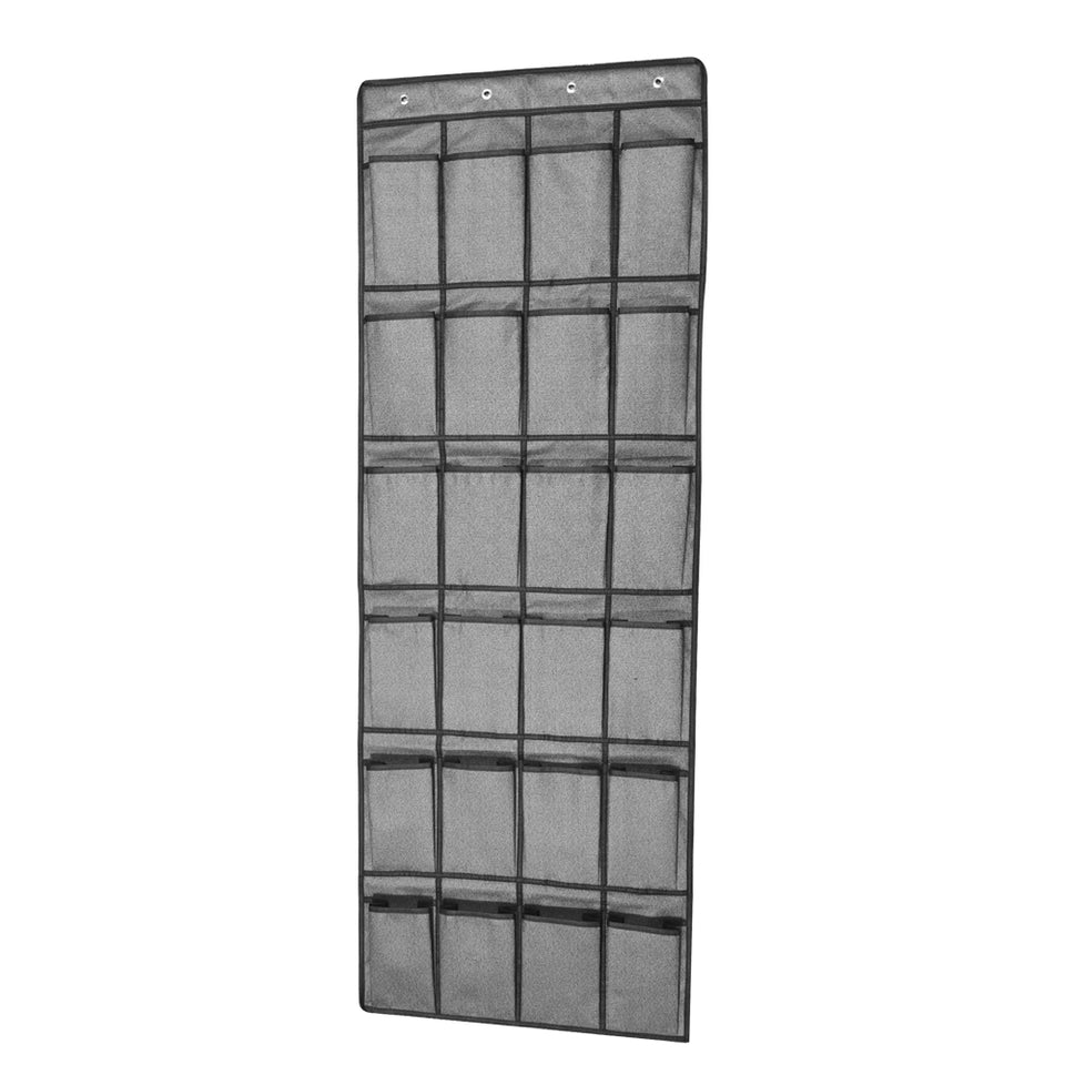 24 Pocket Over Door Shoe Organiser with Hooks – Grey Fabric Storage