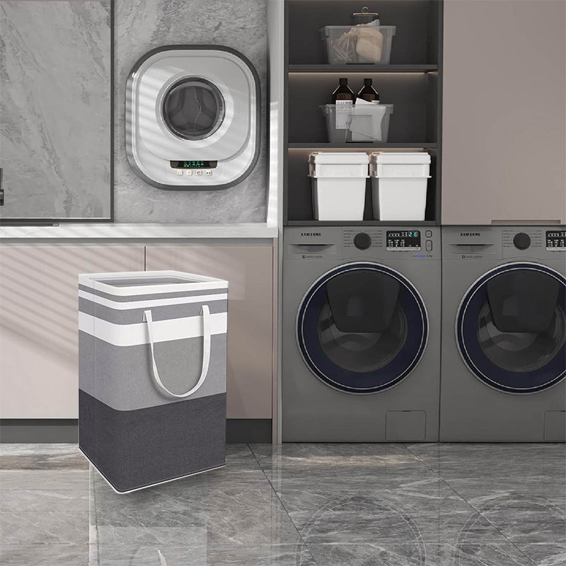 Set of 2 grey and black folding laundry hampers with handles, 75L capacity, designed for easy storage and transport.