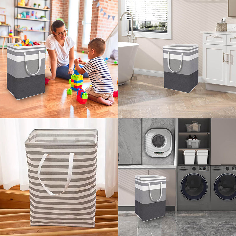 Set of two grey and black folding laundry baskets with handles, 75L capacity, ideal for organizing laundry efficiently.