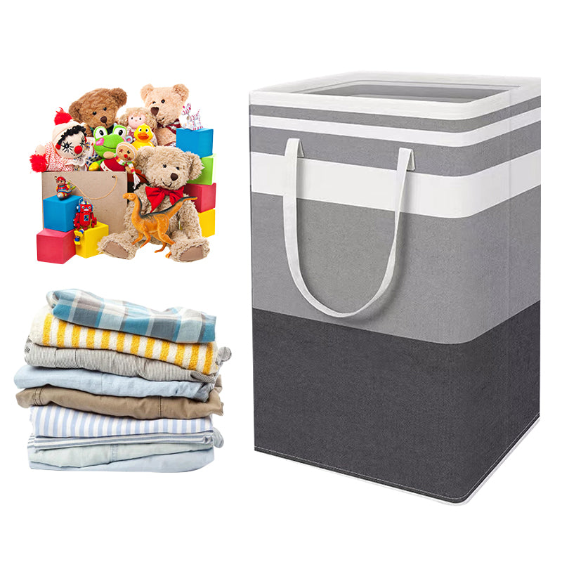 Set of two grey and black folding laundry baskets with handles, 75L capacity, perfect for organizing laundry at home.