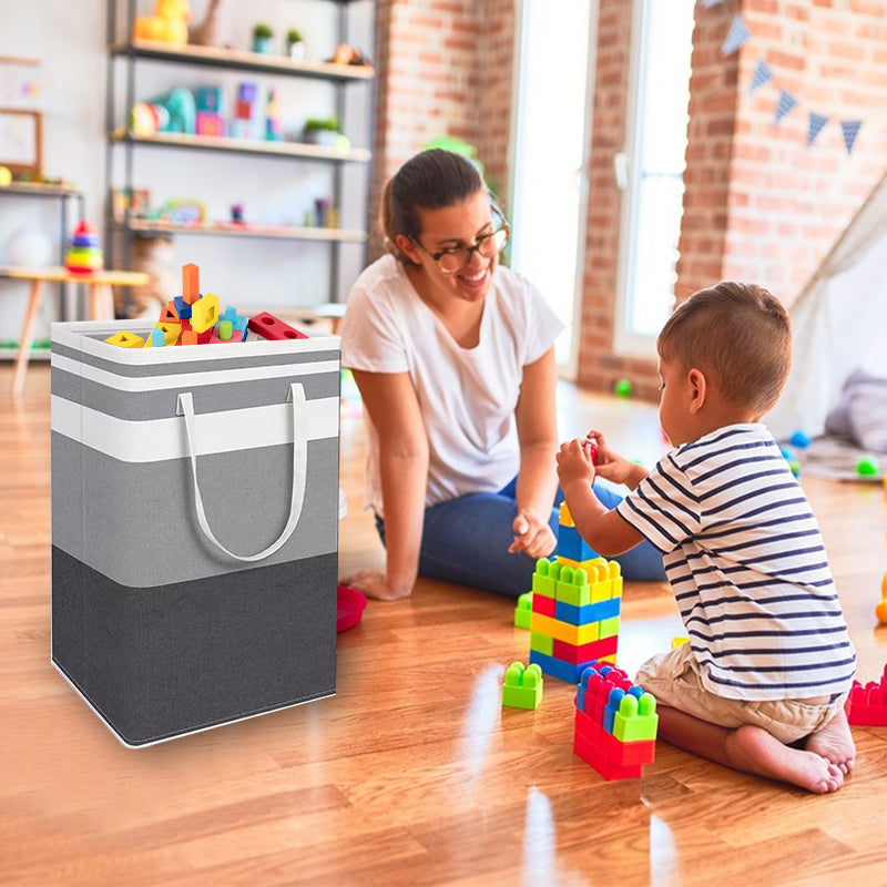 Set of two grey and black folding laundry baskets with handles, 75L hampers for easy laundry organization.