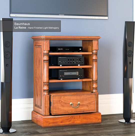 La Reine Mahogany Media Cabinet with Shelves and Drawer – 86 cm height