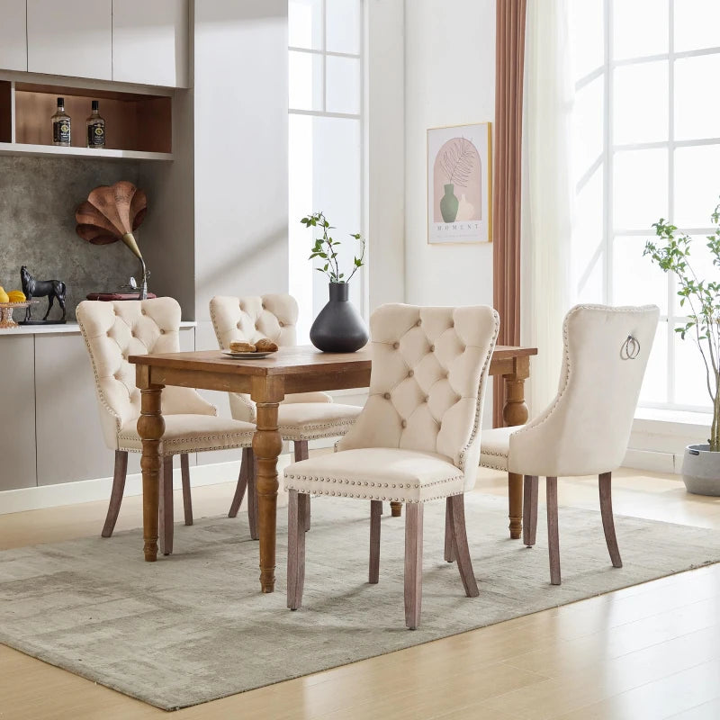 Set of 4 grey and beige velvet wingback dining chairs with tufted backs and wooden legs, by Lavish Kitchen Isle