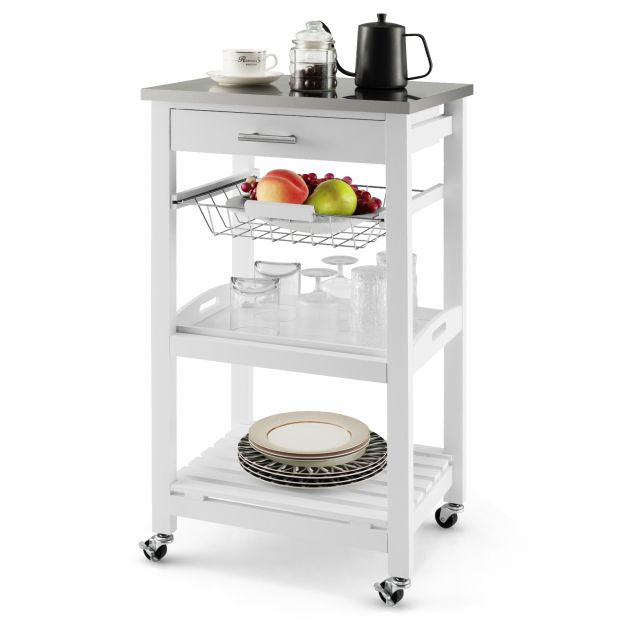 4 Tier Kitchen Serving Trolley with Lockable Wheels Basket and Drawer