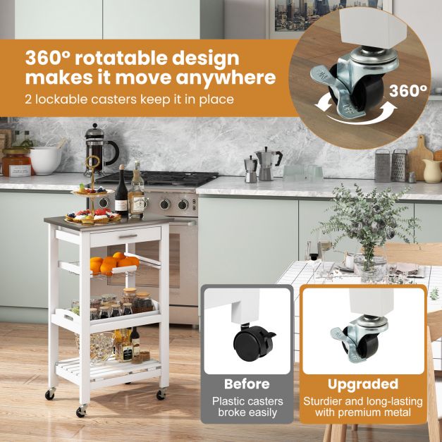 4 Tier Kitchen Serving Trolley with Lockable Wheels Basket and Drawer