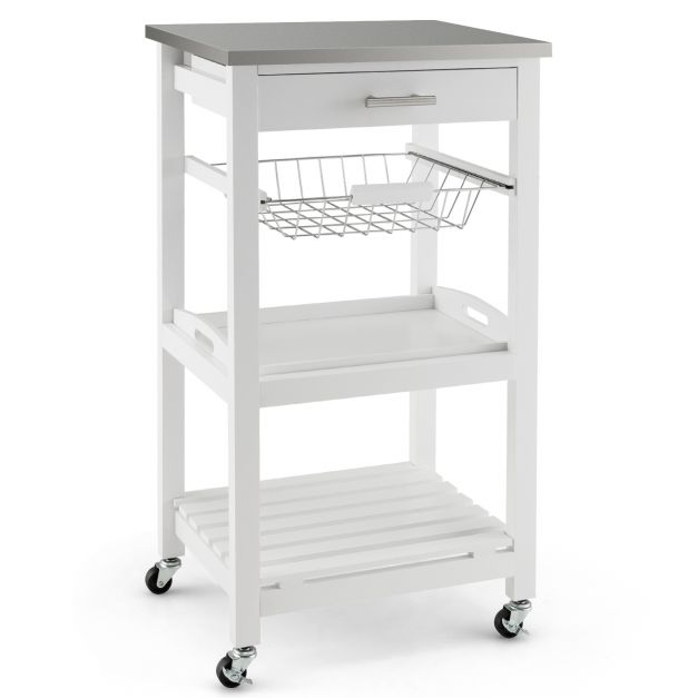 4 Tier Kitchen Serving Trolley with Lockable Wheels Basket and Drawer