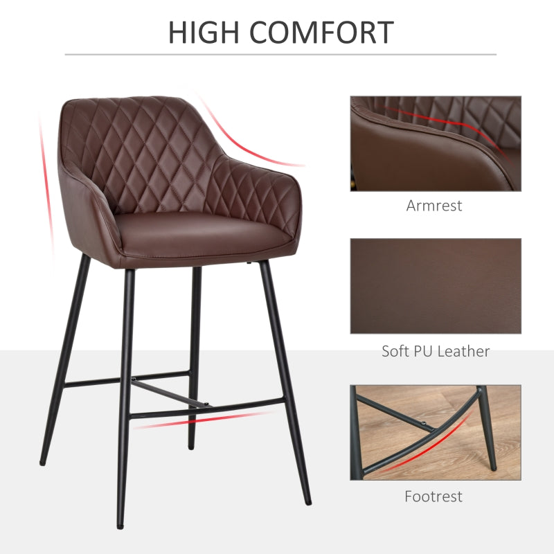 Set of 2 Bar stools With Backs Retro PU Leather Stylish Dining Seating Home- Brown
