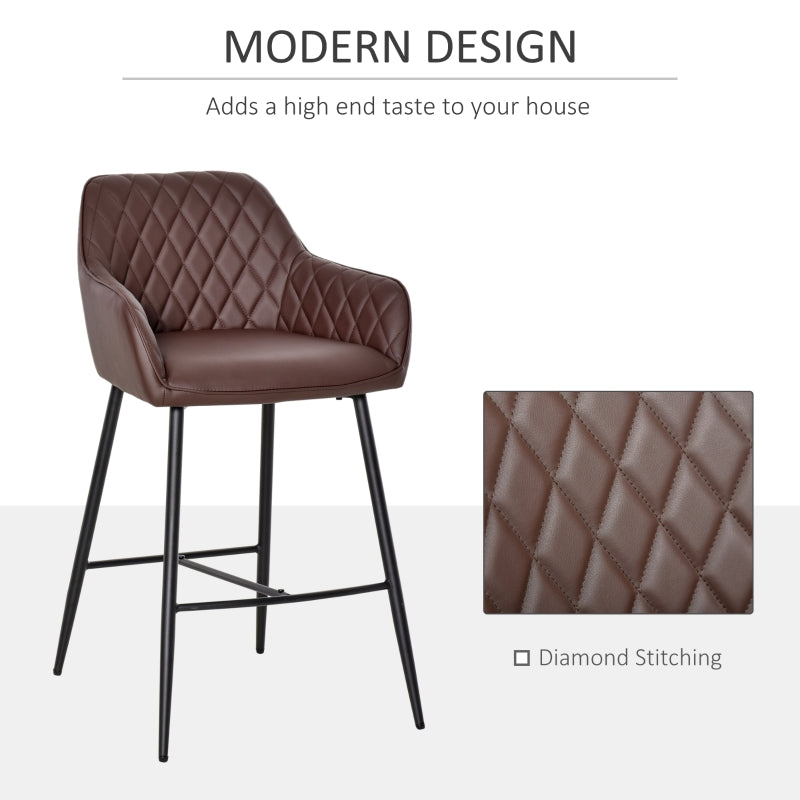 Set of 2 Bar stools With Backs Retro PU Leather Stylish Dining Seating Home- Brown