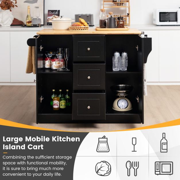 Mobile Kitchen Island Cart with 3 Deep Drawers and 2 Enclosed Cabinets