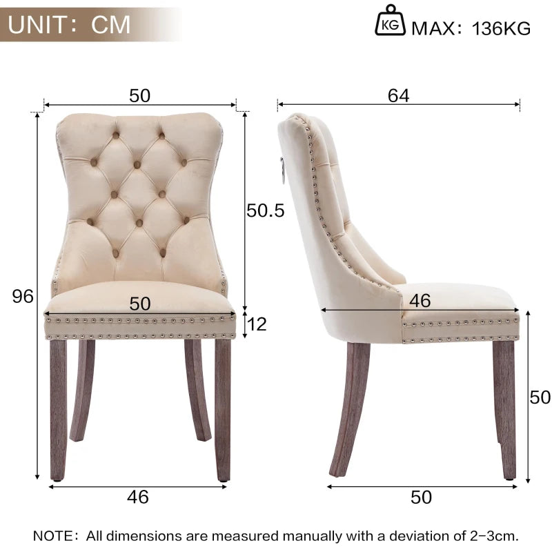 Set of 2 velvet dining chairs with button tufted backrests and knocker ring accents in grey and beige, by Lavish Kitchen Isle.