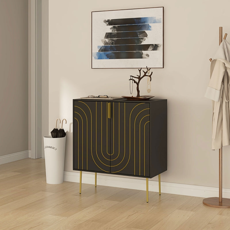 Black and Gold Embossed Sideboard Kitchen Cabinet with Adjustable Shelves and Copper Plated Legs