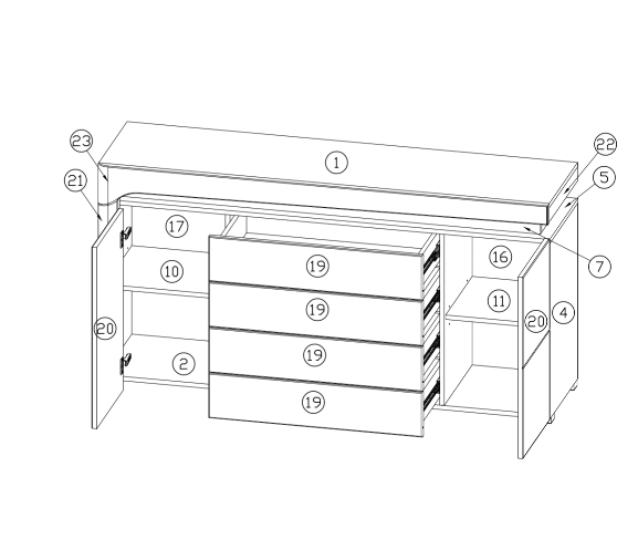 AlpenGlow Grey And White Gloss 2 Door and 4 Drawer Sideboard With Lights - Lavish Kitchen Isle