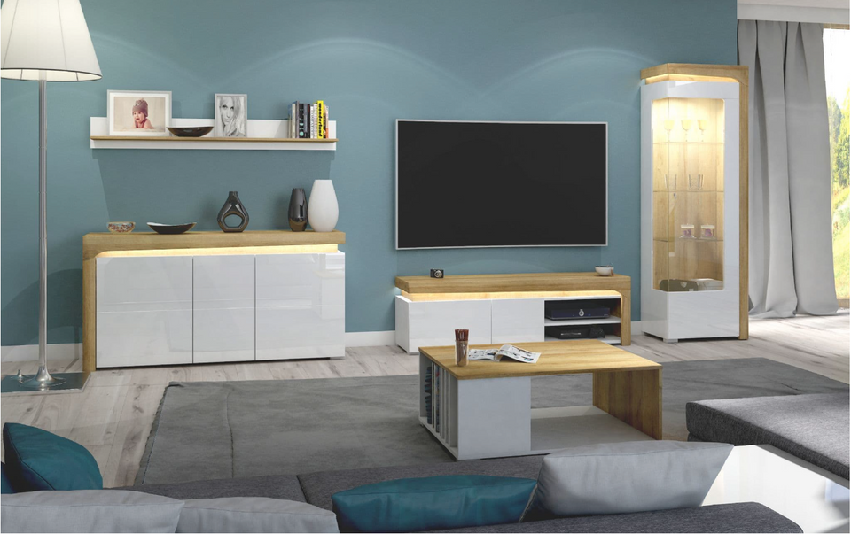AlpenGlow Oak Effect and White Gloss 3 Door Sideboard With Lights