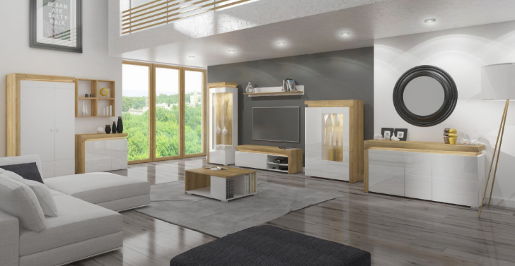 AlpenGlow White High Gloss And Oak Low Wide Display Cabinet With LED Lights