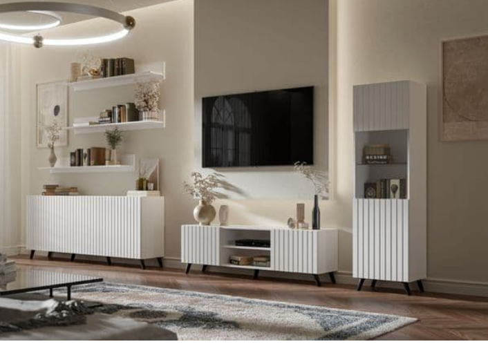 The Matte White Elegant Large TV Cabinet with Grooved Vertical Lines