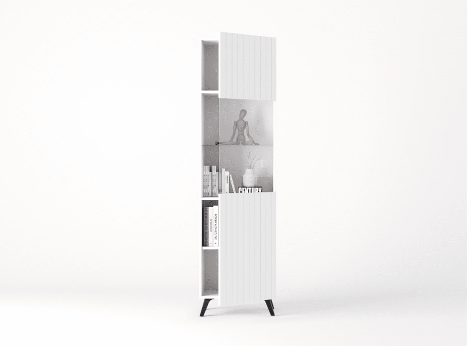The Matte White Elegant Tall Display Cabinet with Grooved Vertical Lines - Lavish Kitchen Isle