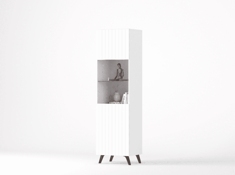 The Matte White Elegant Tall Display Cabinet with Grooved Vertical Lines - Lavish Kitchen Isle