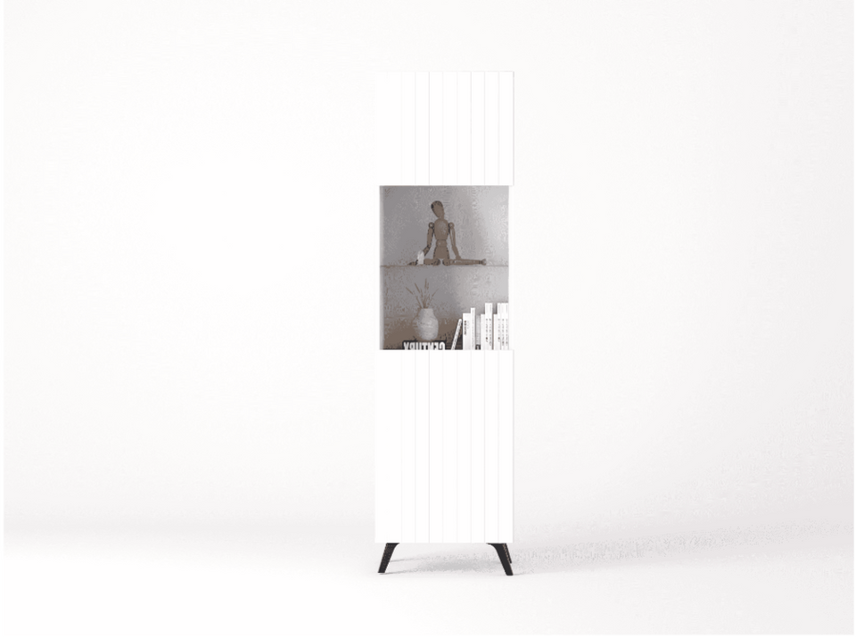 The Matte White Elegant Tall Display Cabinet with Grooved Vertical Lines - Lavish Kitchen Isle