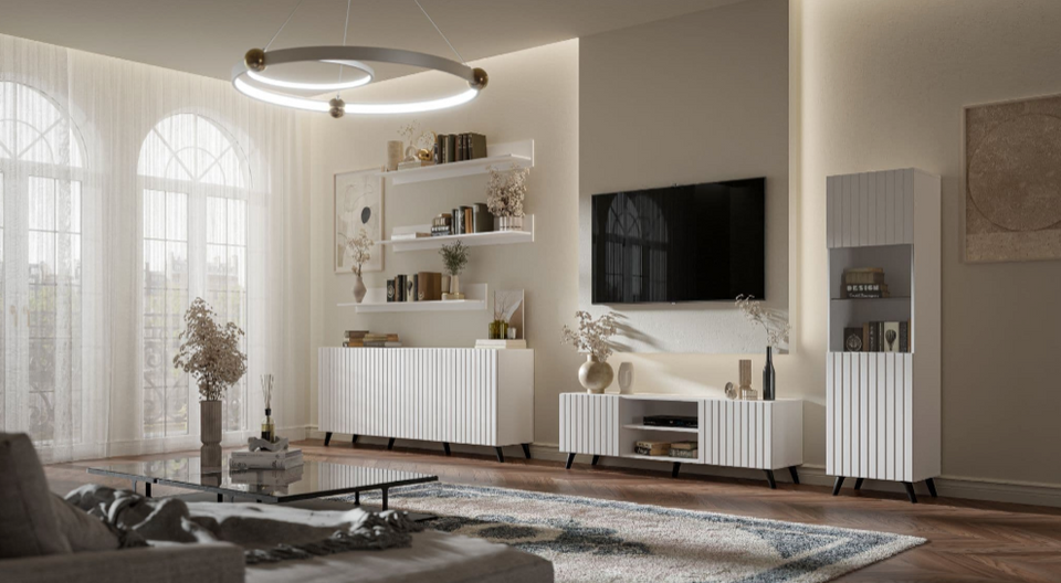 The Matte White Elegant Tall Display Cabinet with Grooved Vertical Lines - Lavish Kitchen Isle