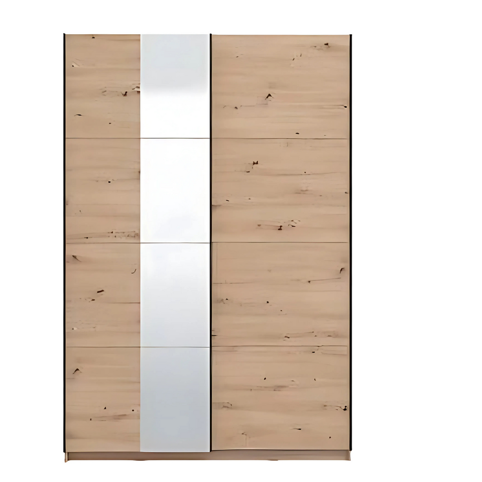 Oak effect sliding wardrobe with mirror from Lavish Kitchen Isle, featuring hanging rail and adjustable shelves for space-saving storage.