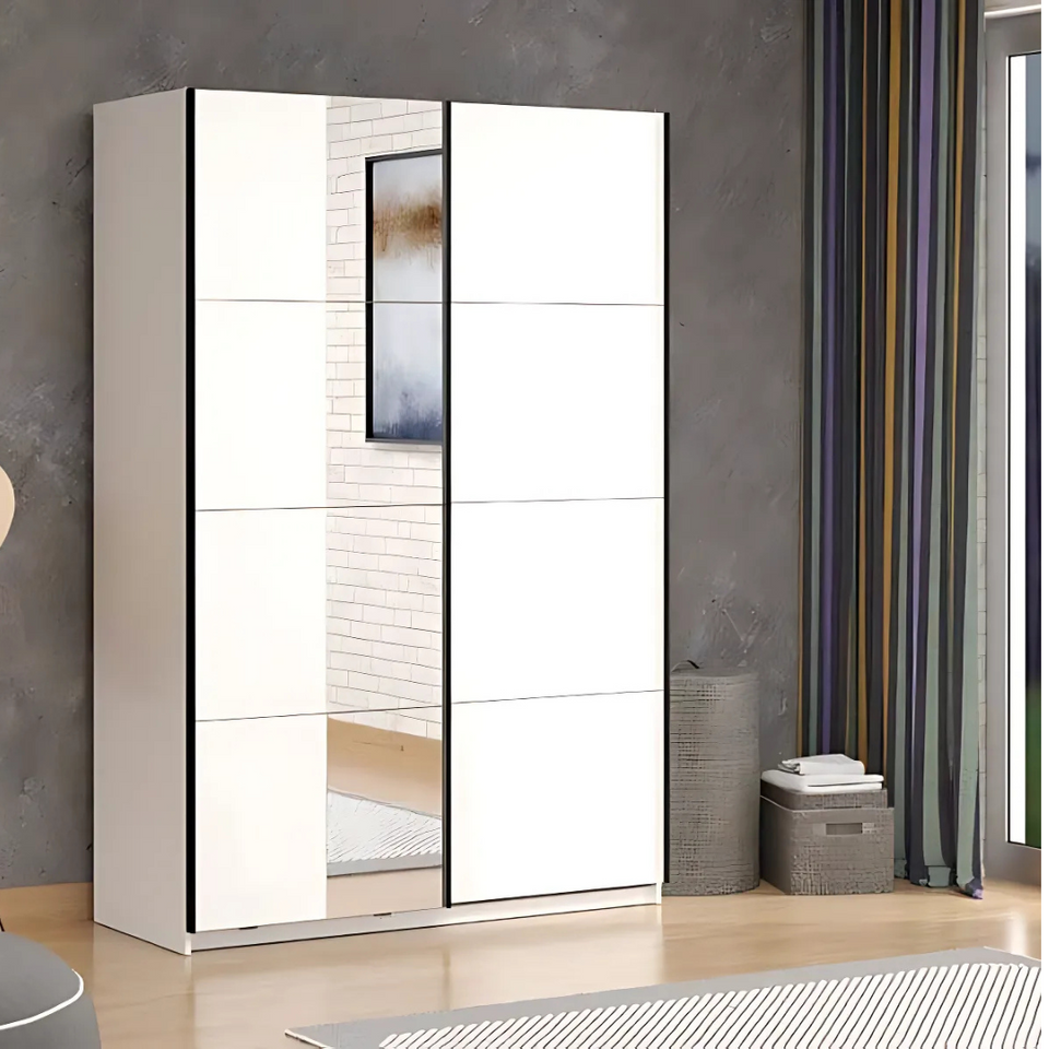 Sliding Wardrobe with Mirror White 145cm Wardrobe Storage with Hanging Rail and Shelves Bedroom Furniture