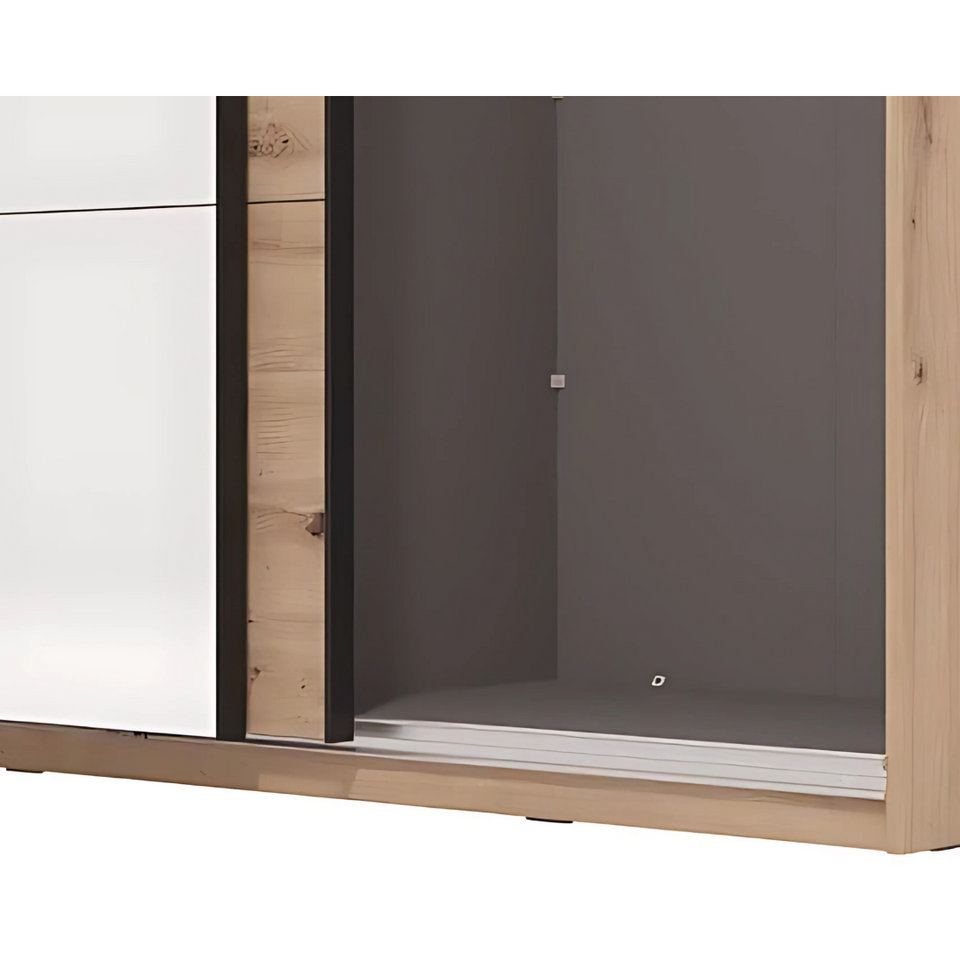 Oak effect sliding wardrobe with mirror, hanging rail, and adjustable shelves from Lavish Kitchen Isle, 145 cm wide.