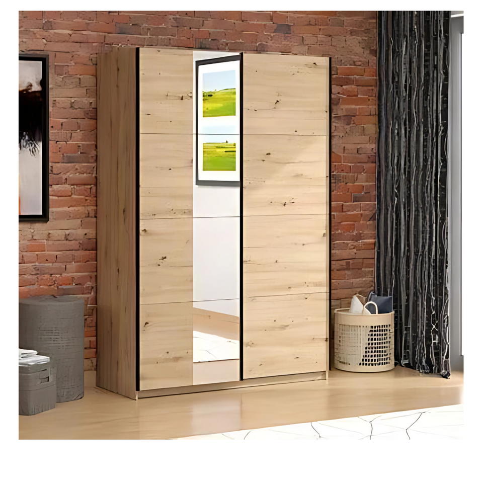 Oak effect sliding wardrobe with mirror, hanging rail, and adjustable shelves, designed for space-saving storage by Lavish Kitchen Isle.