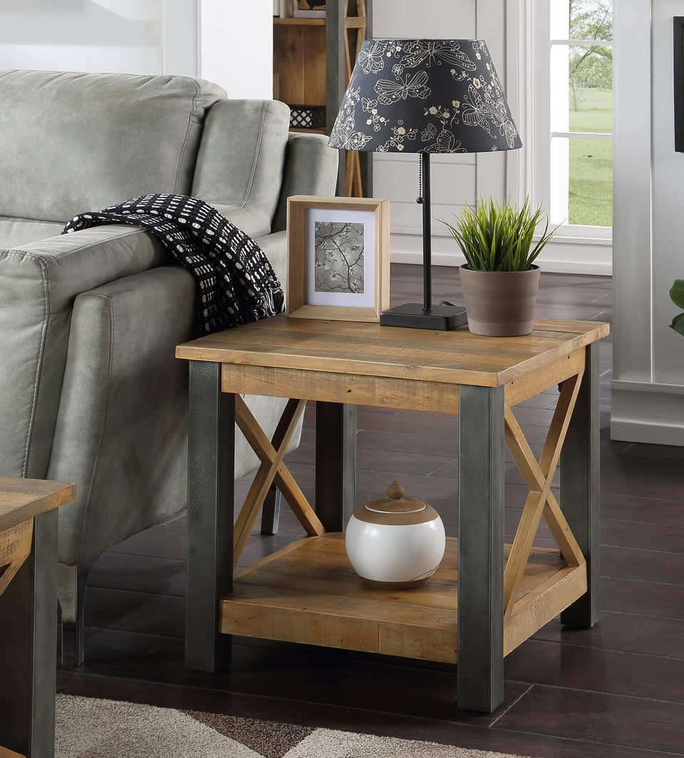 Baumhaus Urban Elegance reclaimed lamp table with wooden finish and modern design, shown in a well-lit living room setting.