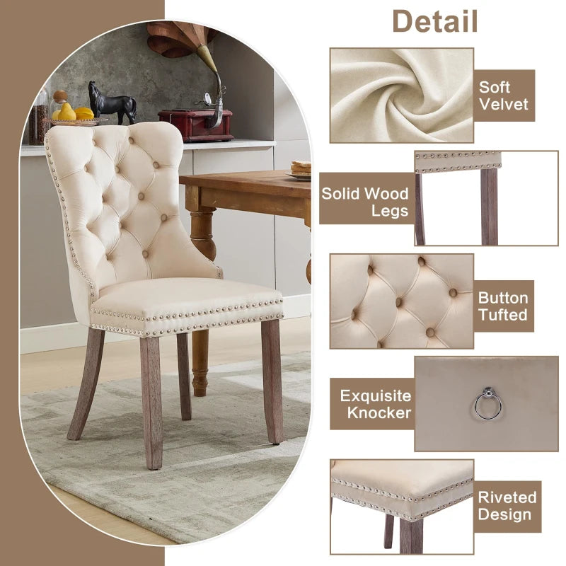 Set of 2 Lavish Kitchen Isle velvet dining chairs with button tufted backrests, one grey and one beige, with knocker ring accents.