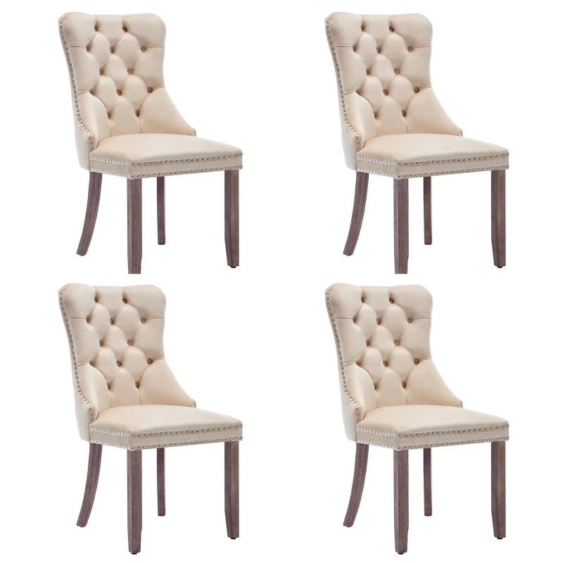 Set of 4 grey and beige velvet wingback dining chairs with button tufted backs and solid wood legs by Lavish Kitchen Isle