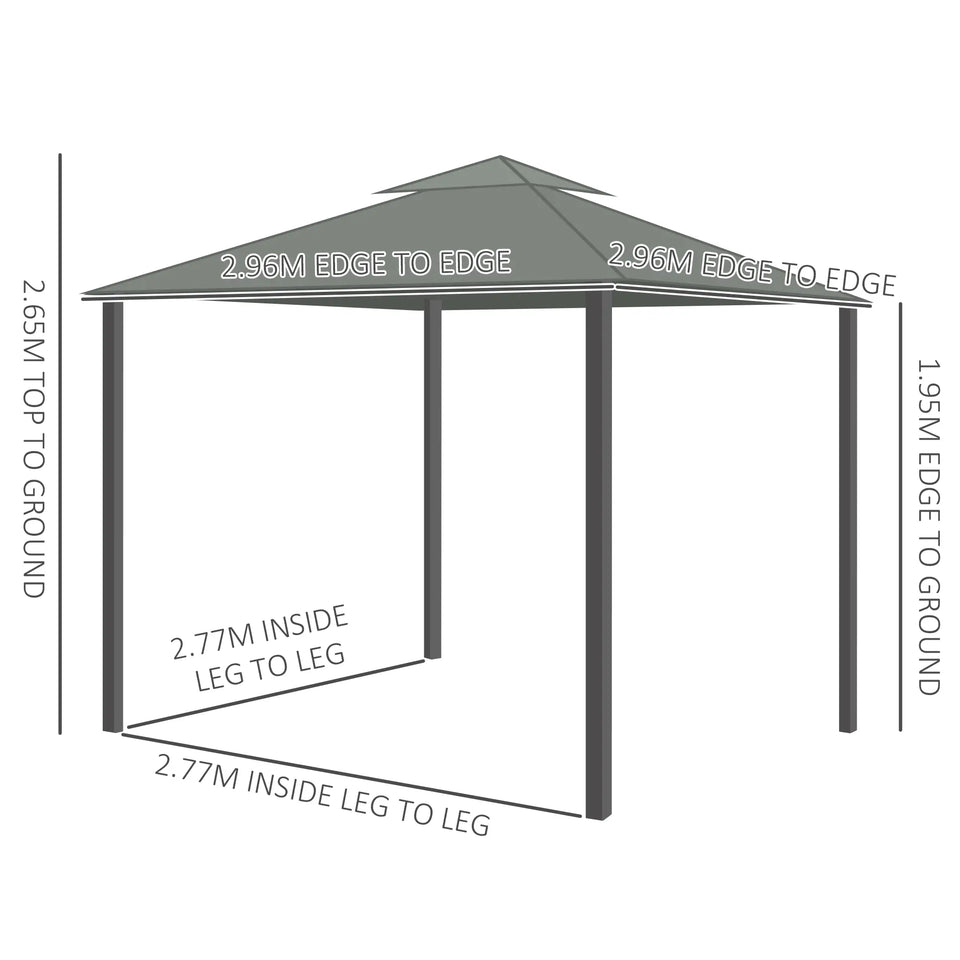 3x3m Dark Grey Patio Gazebo with Two Tier Water Repellent Roof, Mosquito Netting and Curtains
