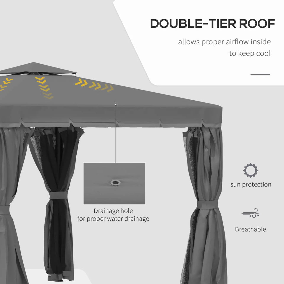 3x3m Dark Grey Patio Gazebo with Two Tier Water Repellent Roof, Mosquito Netting and Curtains