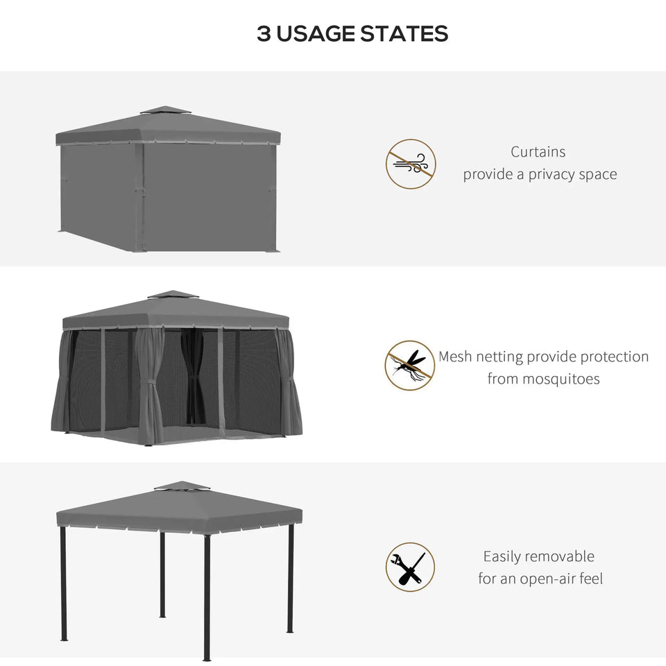 3x3m Dark Grey Patio Gazebo with Two Tier Water Repellent Roof, Mosquito Netting and Curtains