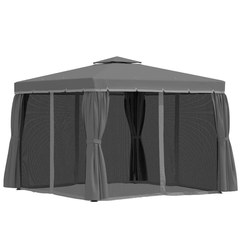 3x3m Dark Grey Patio Gazebo with Two Tier Water Repellent Roof, Mosquito Netting and Curtains
