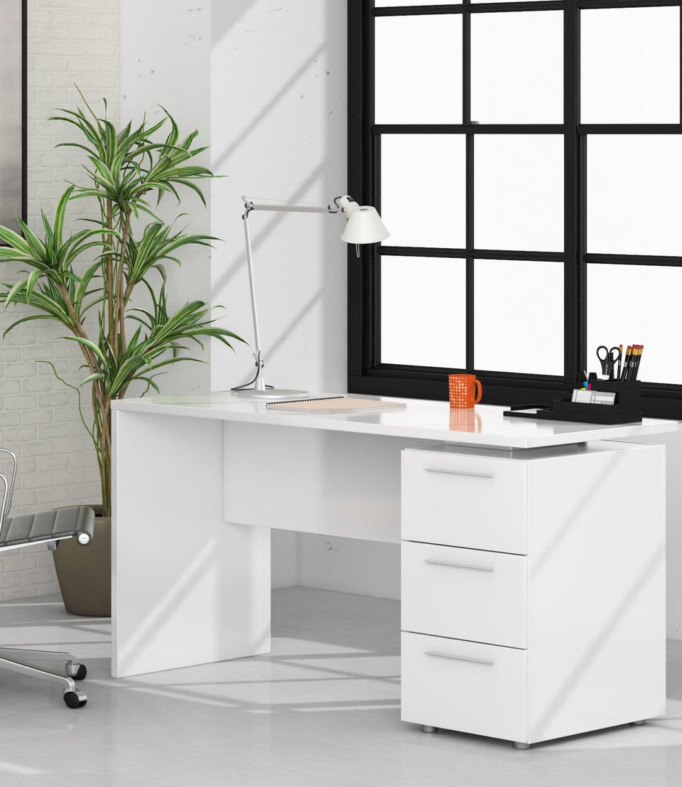 Lustre Arctic White modern office desk with 3 drawers, ideal for computer, laptop, and workspace organization by Lavish Kitchen Isle