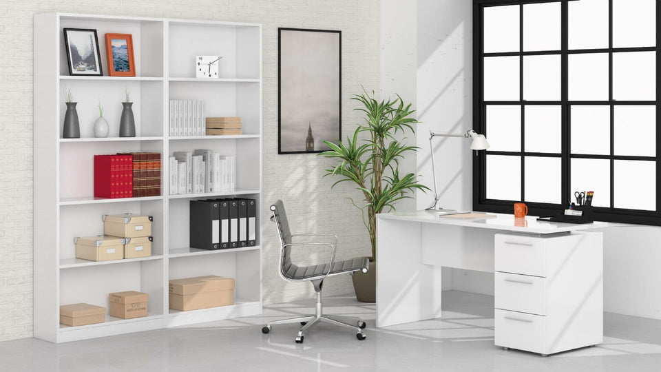 Lavish Kitchen Isle Arctic White home office desk with 3 drawers, modern study table for computer and workspace organization.