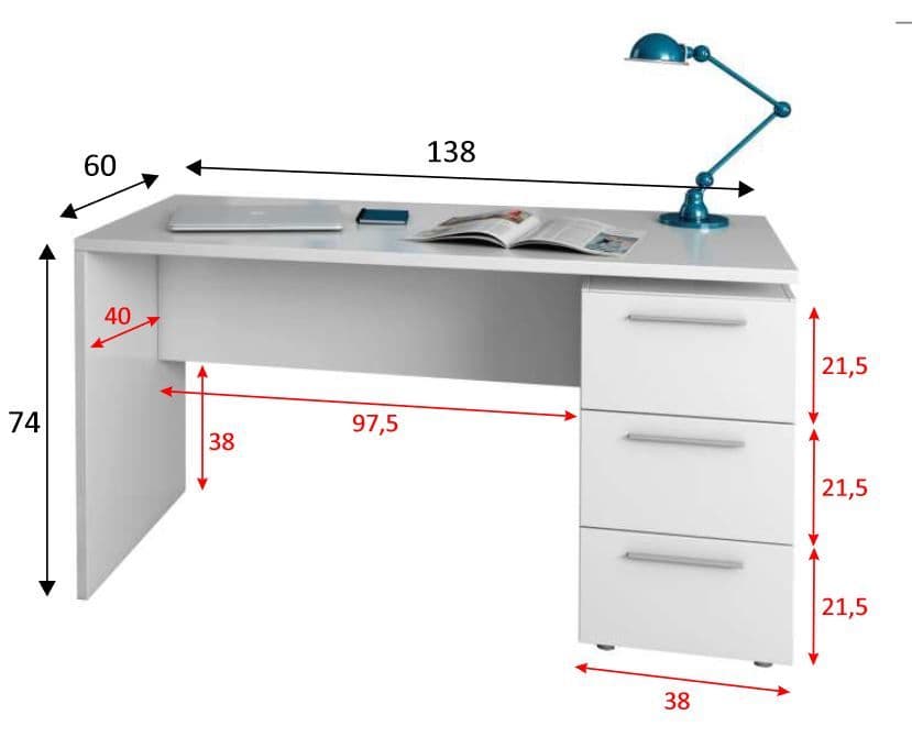 Arctic white modern office desk with 3 drawers from Lavish Kitchen Isle, ideal for computer, laptop, and workspace organization.