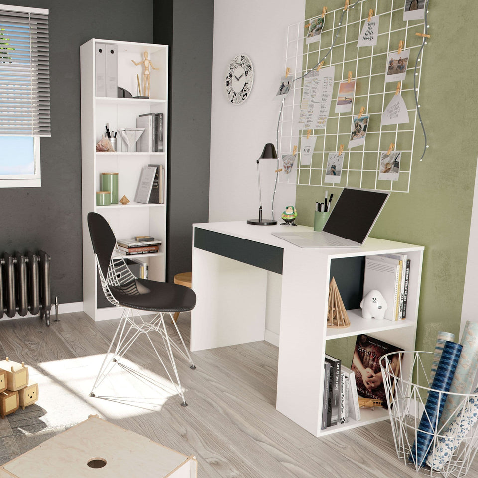 Lavish Kitchen Isle Arboris grey and white home office desk with drawer, shelves, and reversible legs for study or workspace.