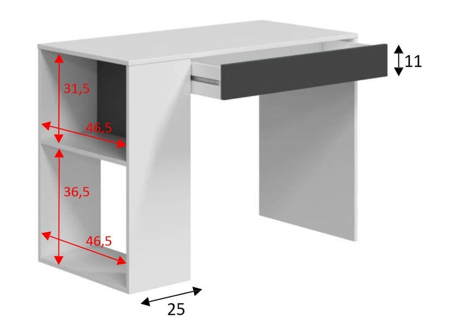 Lavish Kitchen Isle Arboris grey and white home office desk with drawers, shelves, and reversible legs, perfect for study or workspace.