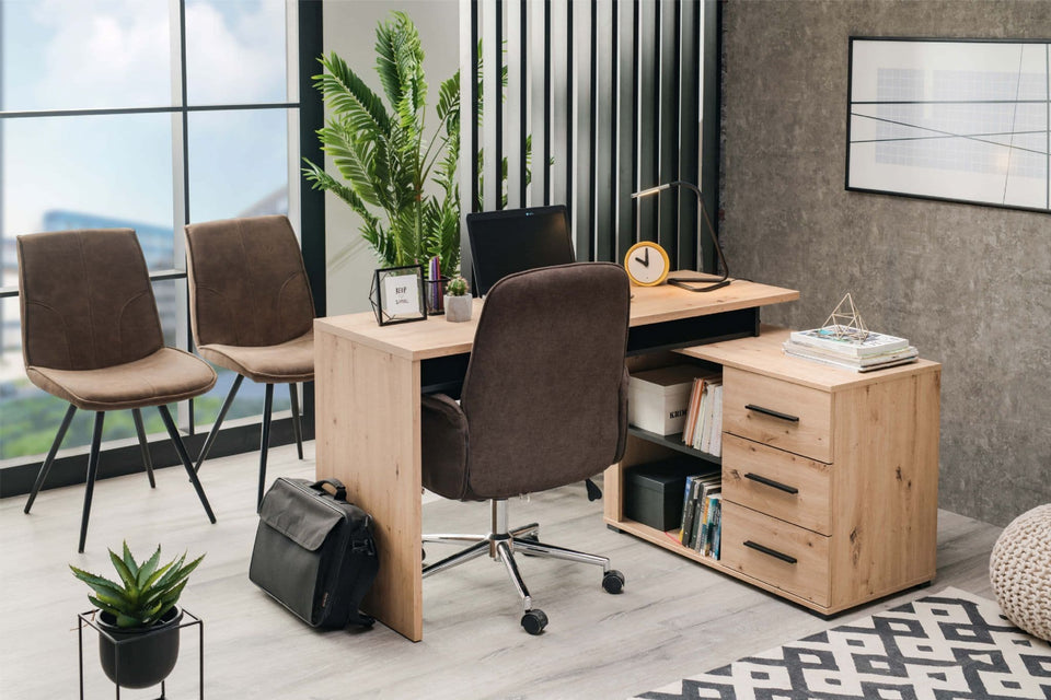 Lavish Kitchen Isle Ama large oak and black corner desk with drawers, ideal for home office, study, computer, and laptop use.