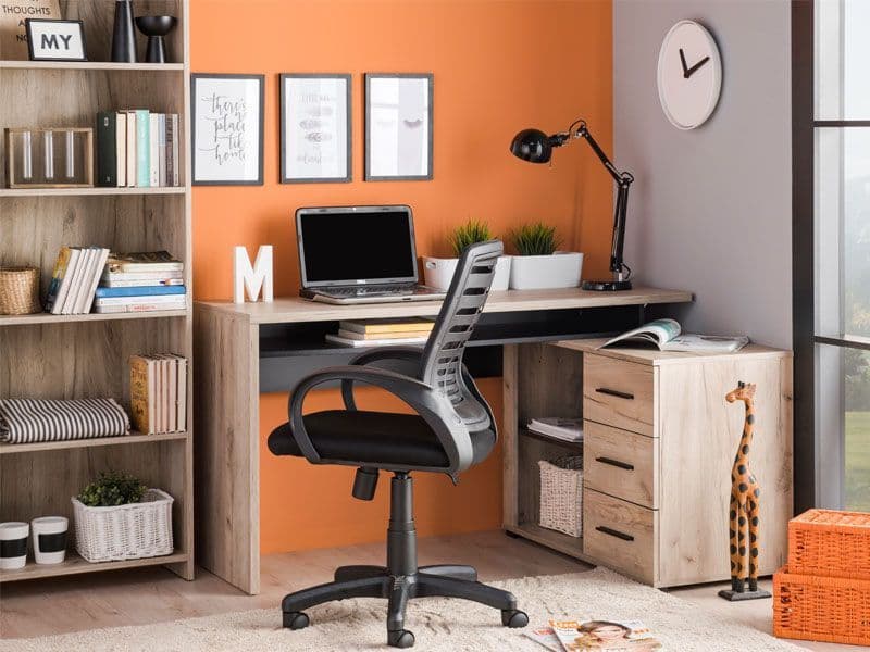 Lavish Kitchen Isle Ama large oak and black corner desk with drawers, ideal for study and computer use in a modern home office.